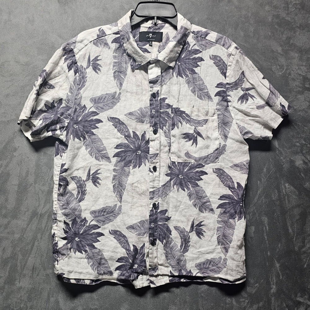 7 For All Mankind Men 100% Linen Tropical Floral Short Sleeve Shirt White Purple - Picture 2 of 10